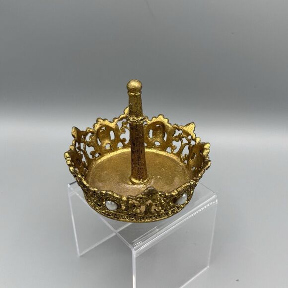 Vtg Crown Shaped Ring Jewelry Holder Trinket Dish Gold Tone Bead Accents Vanity - Picture 4 of 6